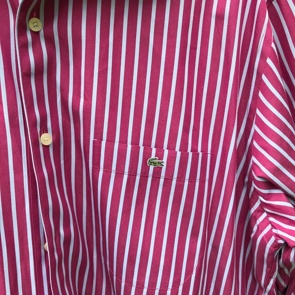 - Lacoste Dress Shirt Size 42 Pink and White Pinstriped - Picture 3 of 8